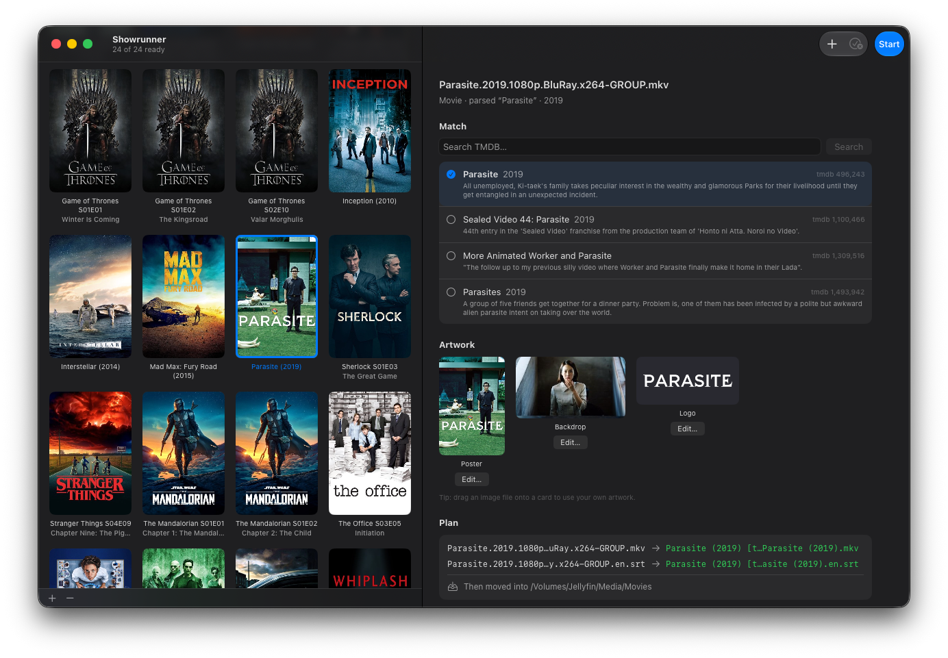 The Showrunner queue — a grid of matched movie and show titles with TMDB metadata, staged artwork, and the per-file rename plan